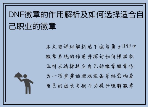 DNF徽章的作用解析及如何选择适合自己职业的徽章