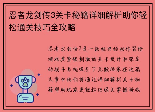 忍者龙剑传3关卡秘籍详细解析助你轻松通关技巧全攻略